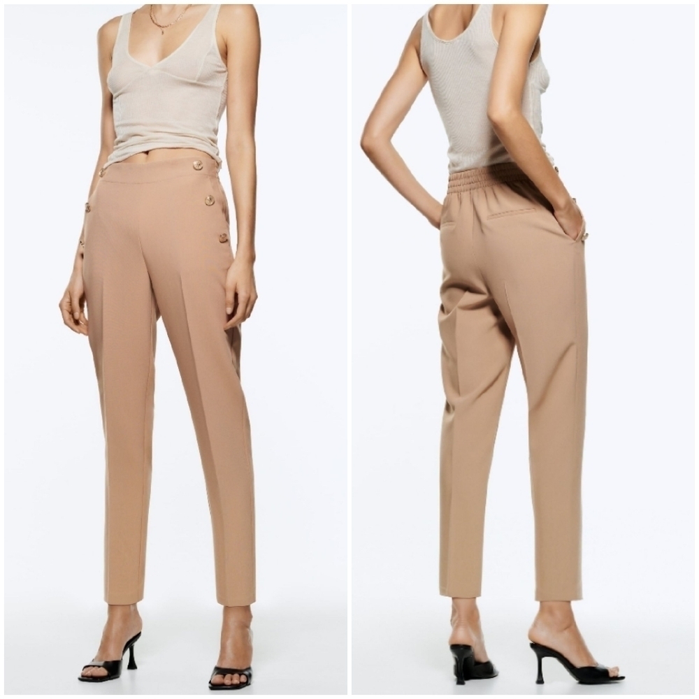 NWT Zara High Waisted Straigh Leg Crop Pants Neutral Tan Colour.